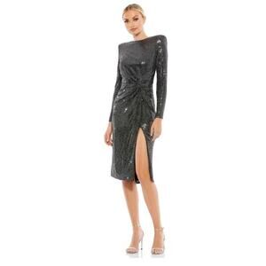 Leena For Mac Duggal Black Jewel Ruched Evening Dress Long Sleeve Size 10 26721